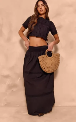 Black Linen Look Broderie Detail Floaty Maxi Skirt