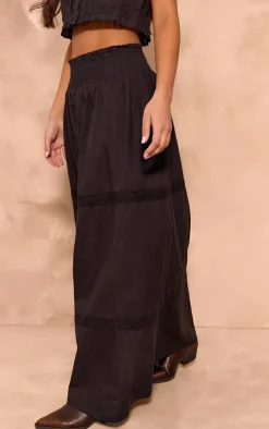 Black Linen Look Broderie Detail Floaty Maxi Skirt