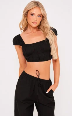 Black Linen Look Cap Sleeve Ruched Crop Top