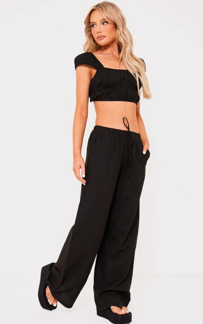 Black Linen Look Cap Sleeve Ruched Crop Top