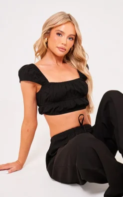 Black Linen Look Cap Sleeve Ruched Crop Top