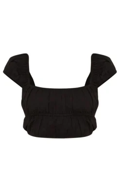 Black Linen Look Cap Sleeve Ruched Crop Top
