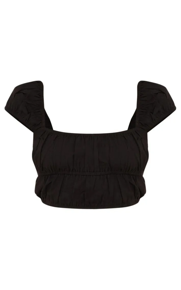 Black Linen Look Cap Sleeve Ruched Crop Top