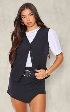 Black Linen Look Contrast Button Oversized Vest