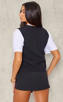 Black Linen Look Contrast Button Oversized Vest