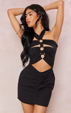 Black Linen Look Cut Out Multi Ring Detail Halter Bodycon Dress