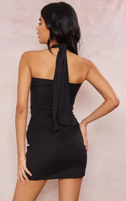 Black Linen Look Cut Out Multi Ring Detail Halter Bodycon Dress