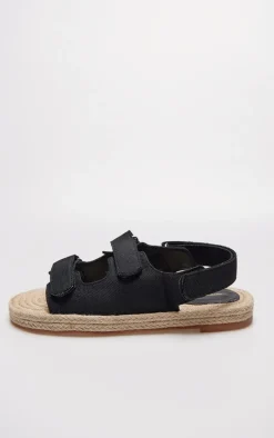 Black Linen Look Espadrille Sole Velcro Sandals