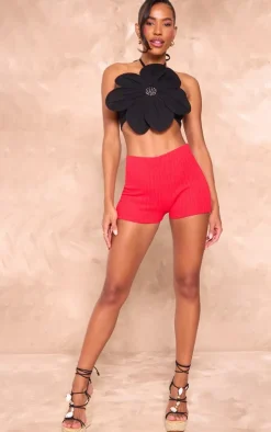 Black Linen Look Floral Diamante Tie Back Crop Top