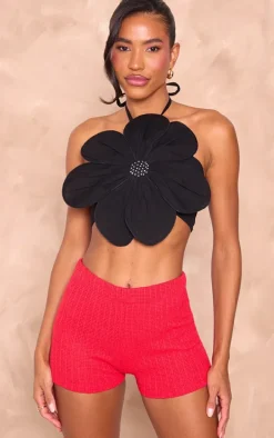 Black Linen Look Floral Diamante Tie Back Crop Top