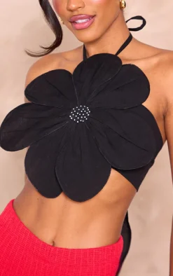 Black Linen Look Floral Diamante Tie Back Crop Top