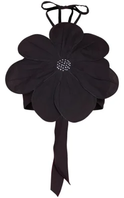Black Linen Look Floral Diamante Tie Back Crop Top