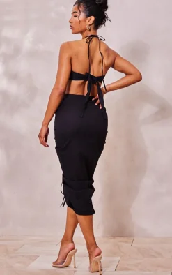 Black Linen Look Halterneck Ruched Front Cut Out Midi Dress