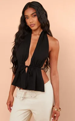 Black Linen Look Halterneck Backless Top