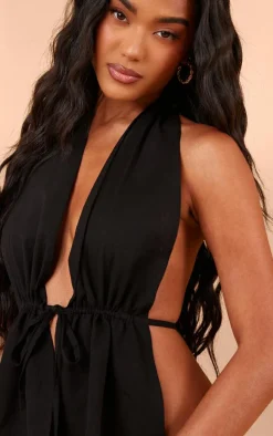 Black Linen Look Halterneck Backless Top