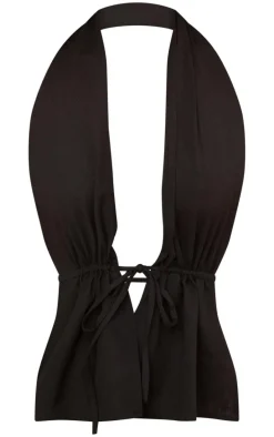 Black Linen Look Halterneck Backless Top