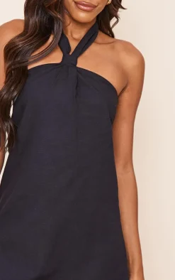 Black Linen Look Knot Halterneck Shift Dress
