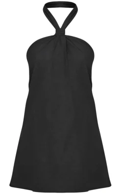 Black Linen Look Knot Halterneck Shift Dress