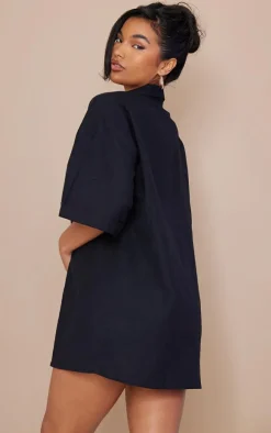 Black Linen Look Oversized Double Breasted Short Sleeve Blazer Dress
