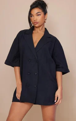 Black Linen Look Oversized Double Breasted Short Sleeve Blazer Dress