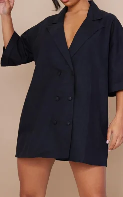 Black Linen Look Oversized Double Breasted Short Sleeve Blazer Dress