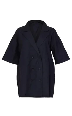 Black Linen Look Oversized Double Breasted Short Sleeve Blazer Dress
