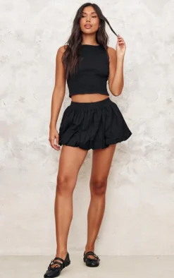 Black Linen Look Puff Ball Mini Skirt