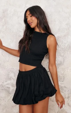 Black Linen Look Puff Ball Mini Skirt