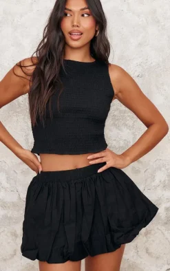 Black Linen Look Puff Ball Mini Skirt
