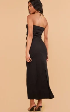 Black Linen Look Rose Detail Tie Neck Cut Out Maxi Dress