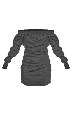 Black Linen Look Ruched Bardot Bodycon Dress