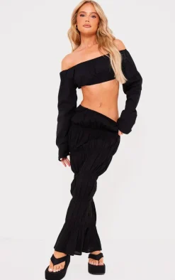 Black Linen Look Ruched Maxi Skirt