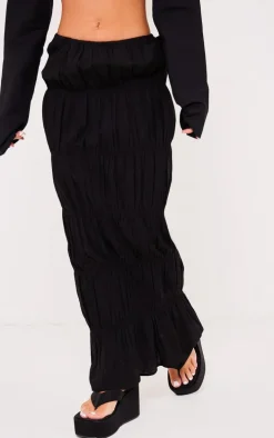 Black Linen Look Ruched Maxi Skirt