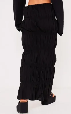 Black Linen Look Ruched Maxi Skirt