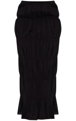 Black Linen Look Ruched Maxi Skirt