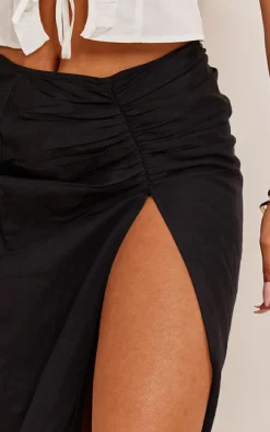 Black Linen Look Ruched Split Detail Maxi Skirt