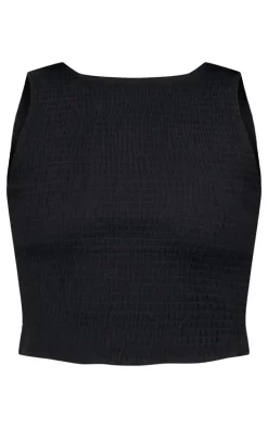 Black Linen Look Shirred Top