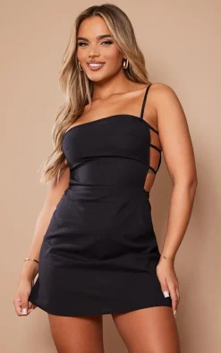 Black Linen Look Strap Side Bodycon Dress