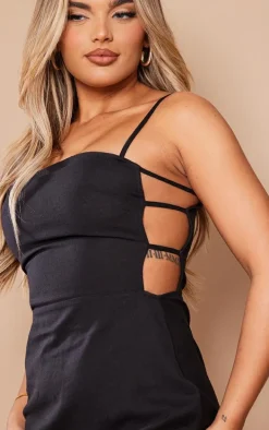 Black Linen Look Strap Side Bodycon Dress