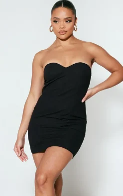 Black Linen Look Sweetheart Neckline Bodycon Dress