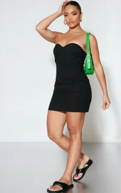 Black Linen Look Sweetheart Neckline Bodycon Dress