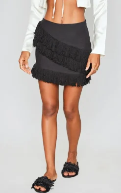 Black Linen Look Tassel Front Mini Skirt