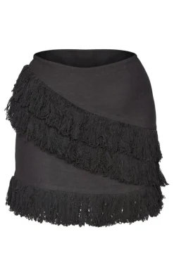 Black Linen Look Tassel Front Mini Skirt