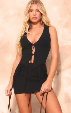 Black Linen Look Tie Bodycon Dress