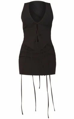 Black Linen Look Tie Bodycon Dress