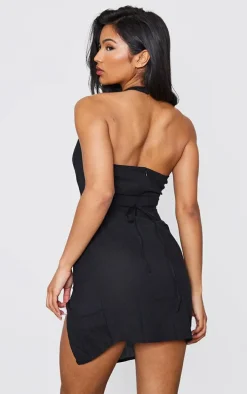 Black Linen Look Trim Detail Halterneck Cut Out Bodycon Dress