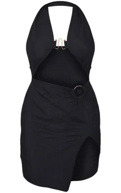Black Linen Look Trim Detail Halterneck Cut Out Bodycon Dress