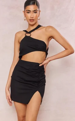 Black Linen Look Wooden Ring Detail Cut Out Halter Bodycon Dress