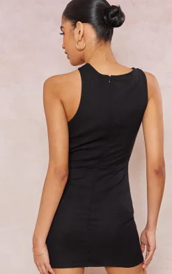 Black Linen Look Wooden Ring Detail Cut Out Halter Bodycon Dress