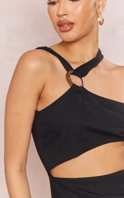 Black Linen Look Wooden Ring Detail Cut Out Halter Bodycon Dress